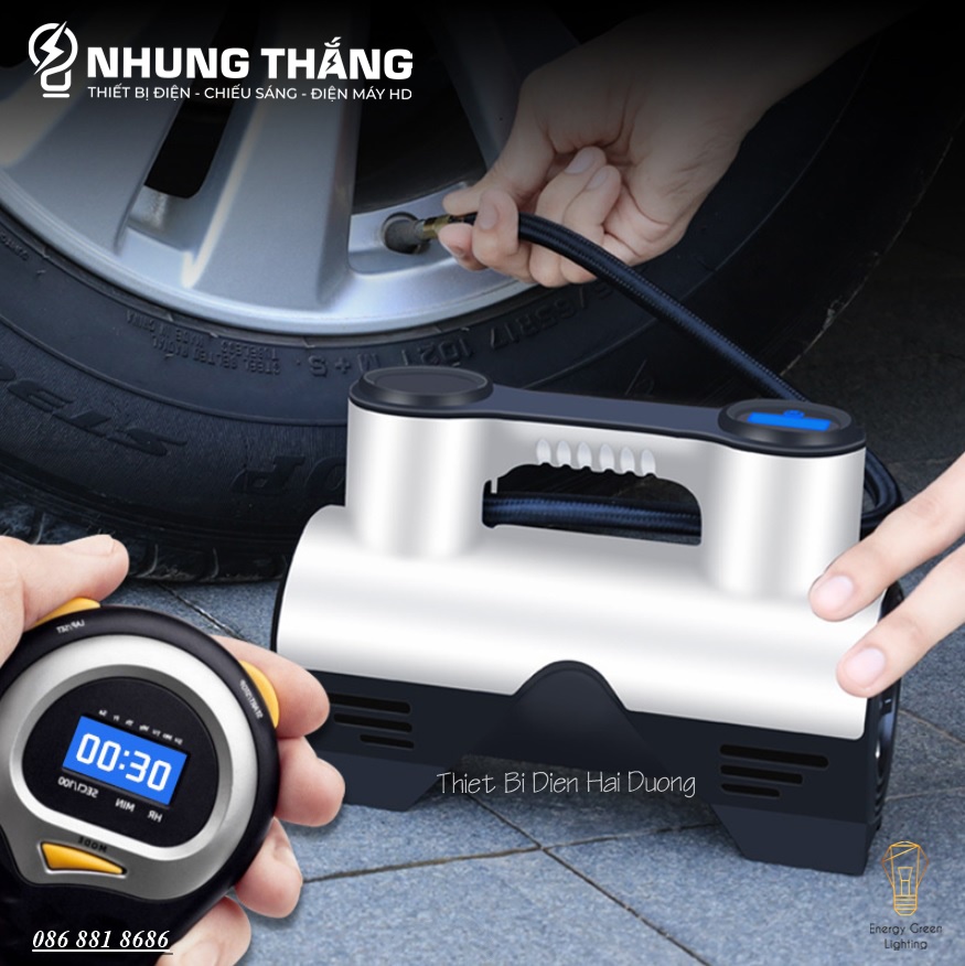 Bơm Lốp Ôtô,Xe Hơi Điện Tử Đa Năng ST-211 - Chế Độ Tự Ngắt - Tích Hợp Đèn Led - Pin Sạc Tích Điện - Có Video