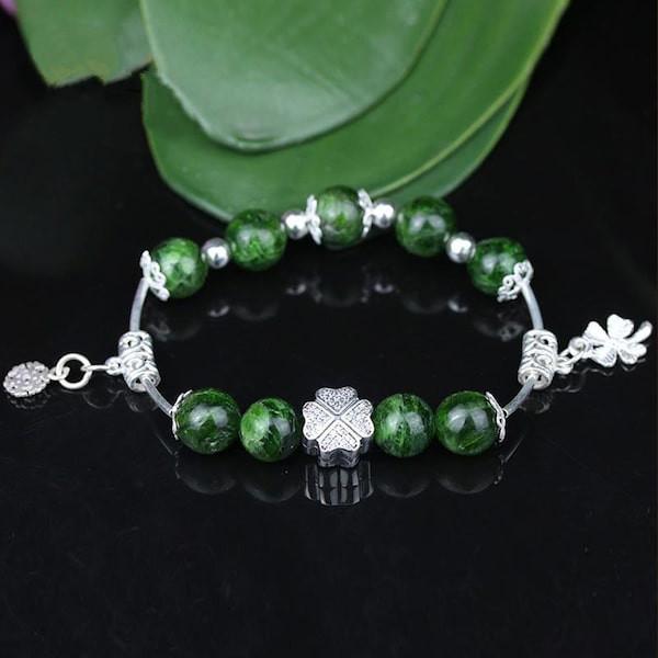 Vòng tay phong thuỷ đá Diopside thiên nhiên 10 ly mix Charm Bạc 925