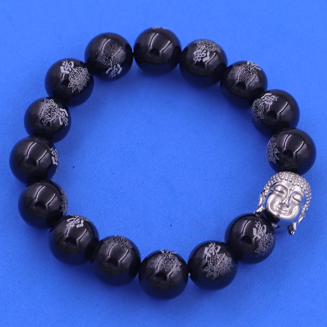 Vòng chuỗi đeo tay đá thạch anh đen in chữ Phật 12 ly charm đầu Phật Như lai inox, Như lai Phật tổ, vòng chuỗi phong thủy, A DI ĐÀ
