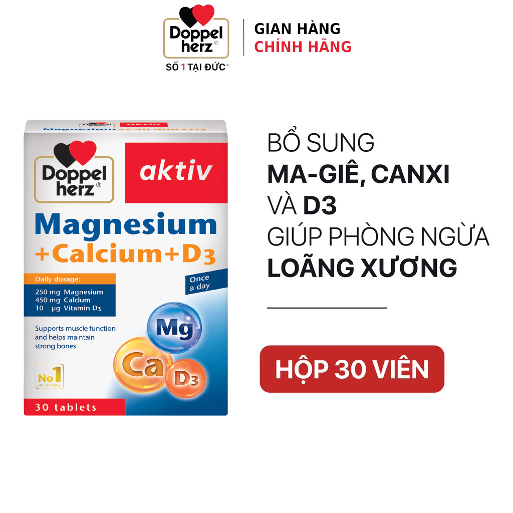 Viên uống bổ sung Canxi phòng ngừa loãng xương Doppelherz Magnesium + Calcium + D3 (Hộp 30 viên)
