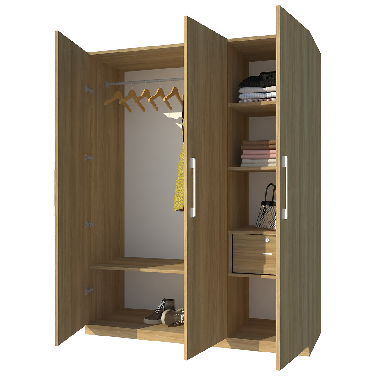 Tủ quần áo gỗ MDF Tundo 3 cánh 2 ngăn đứng màu vàng 160 x 55 x 200cm