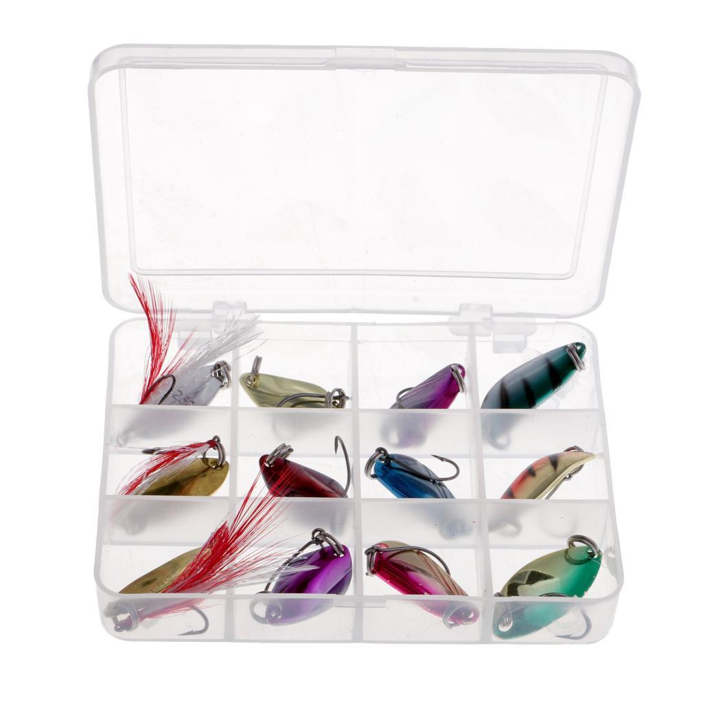 12Pcs Metal Fishing Lures Spoon Spinner Baits Treble Hook with Box