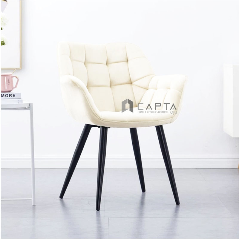 Ghế trang điểm có lưng tựa LARA 3A-F Nội thất Capta Ghế café nệm vải nhung may caro sọc vuông có tay vịn chân sắt đen