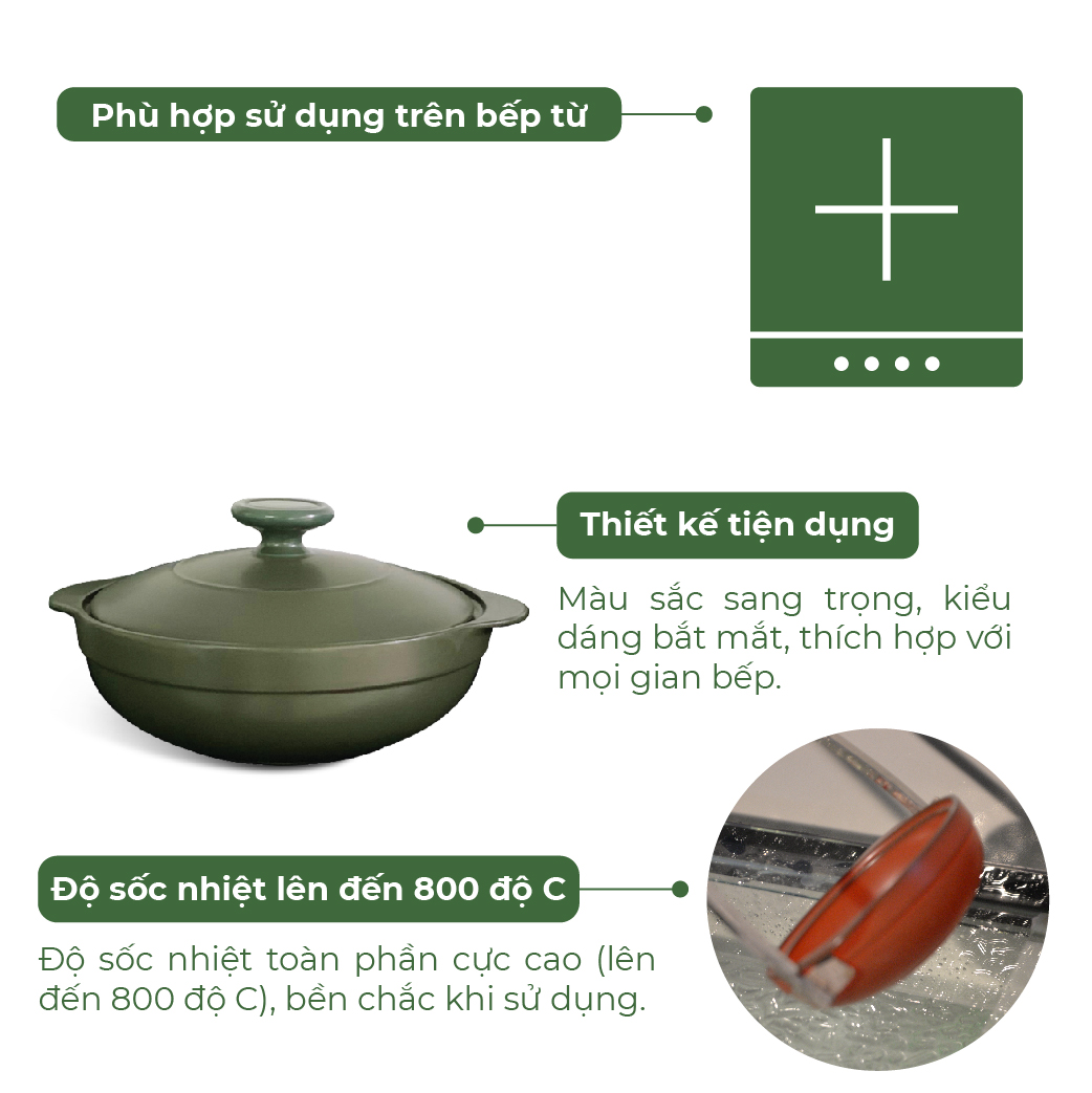 Nồi Sứ Dưỡng Sinh Minh Long - Luna cao cấp -  2.0 L dùng Bếp Ga, Hồng Ngoại có nắp đậy, tráng men màu sứ xanh rêu, có thể kho cá, hầm cháo - nồi đất