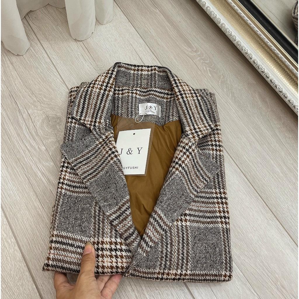 (Sẵn+Ảnh Thật) Áo vest dạ kẻ 2 lớp dày dặn/ blazer nữ túi trước Quảng Châu