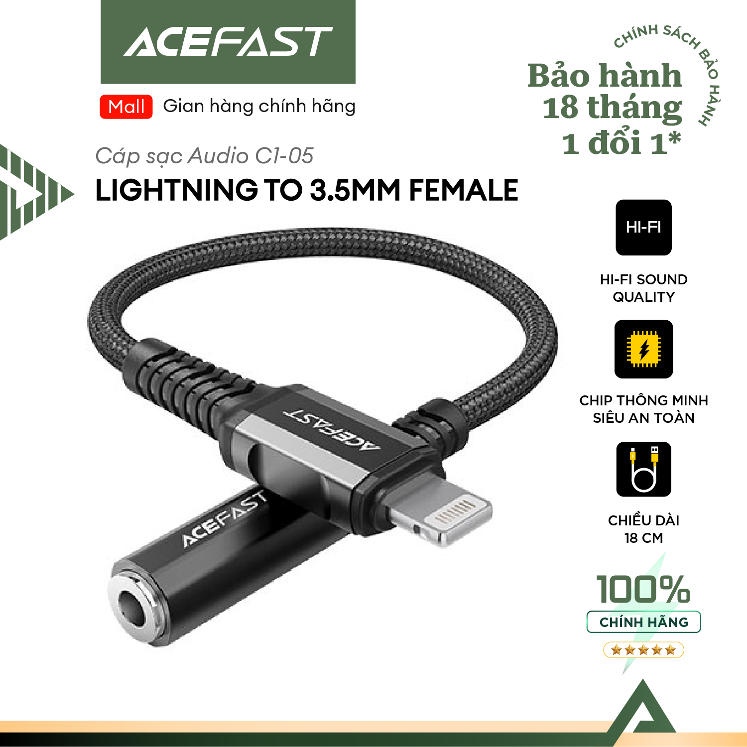 Cáp chuyển âm thanh Acefast Light.ning to 3.5mm MFI (0.18m) - C1-05 Hàng chính hãng Acefast