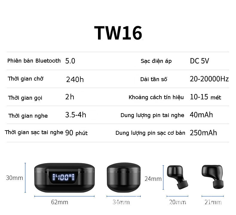 Tai Nghe Bluetooth - Tai Nghe Nhét Tai Không Dây TW16 - Cảm Ứng Vân Tay - Chống ồn - Chống nước - Kết Nối Bluetooth 5.0 - Âm Thanh HiFi