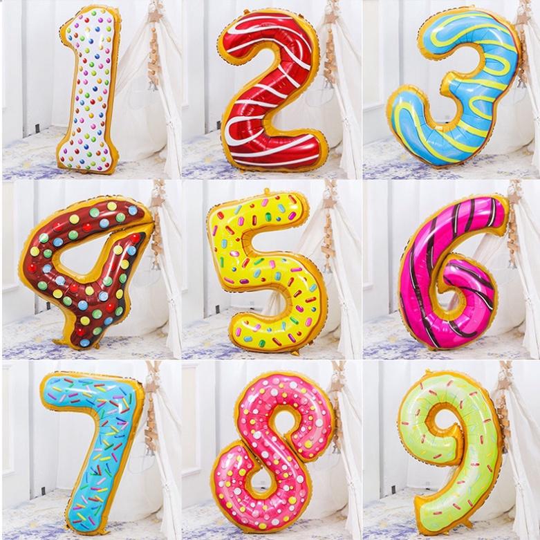 Bóng số sinh nhật hình họa bánh donut, bóng số sinh nhật hoa văn đủ màu size to đẹp không sâu cao 80cm