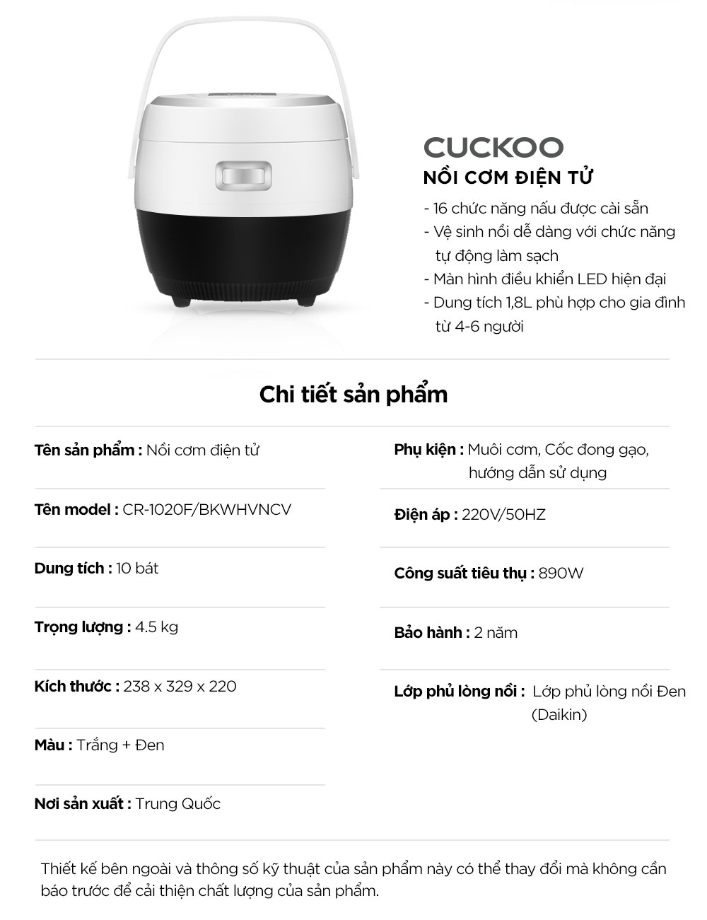 Nồi cơm điện tử Cuckoo 1.8L CR-1020F - Lòng nồi chống dính - Nhiều chế độ nấu ăn - Tiết kiệm điện - Hàng chính hãng