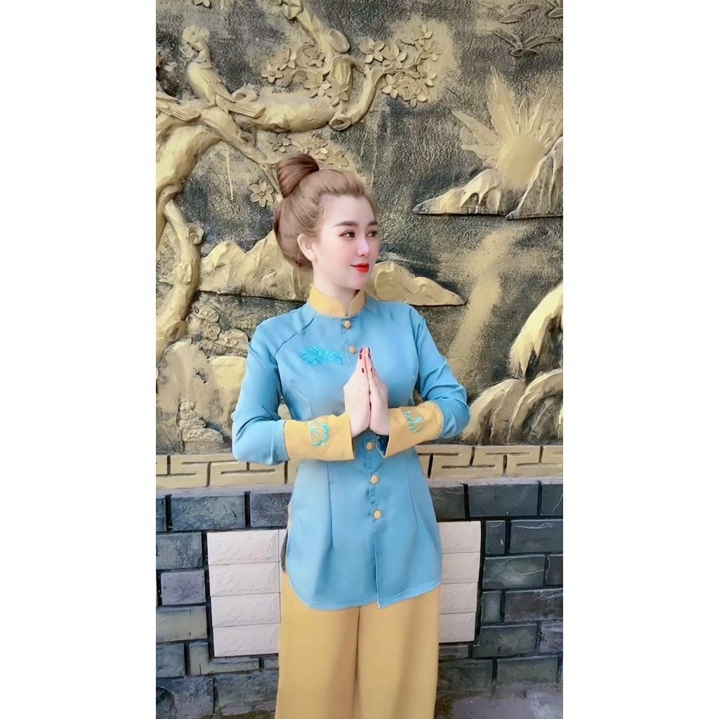 Đồ Lam đi chùa thiết kế cao cấp sj22 thêu SEN BỌC NÚT VẢI thủ công