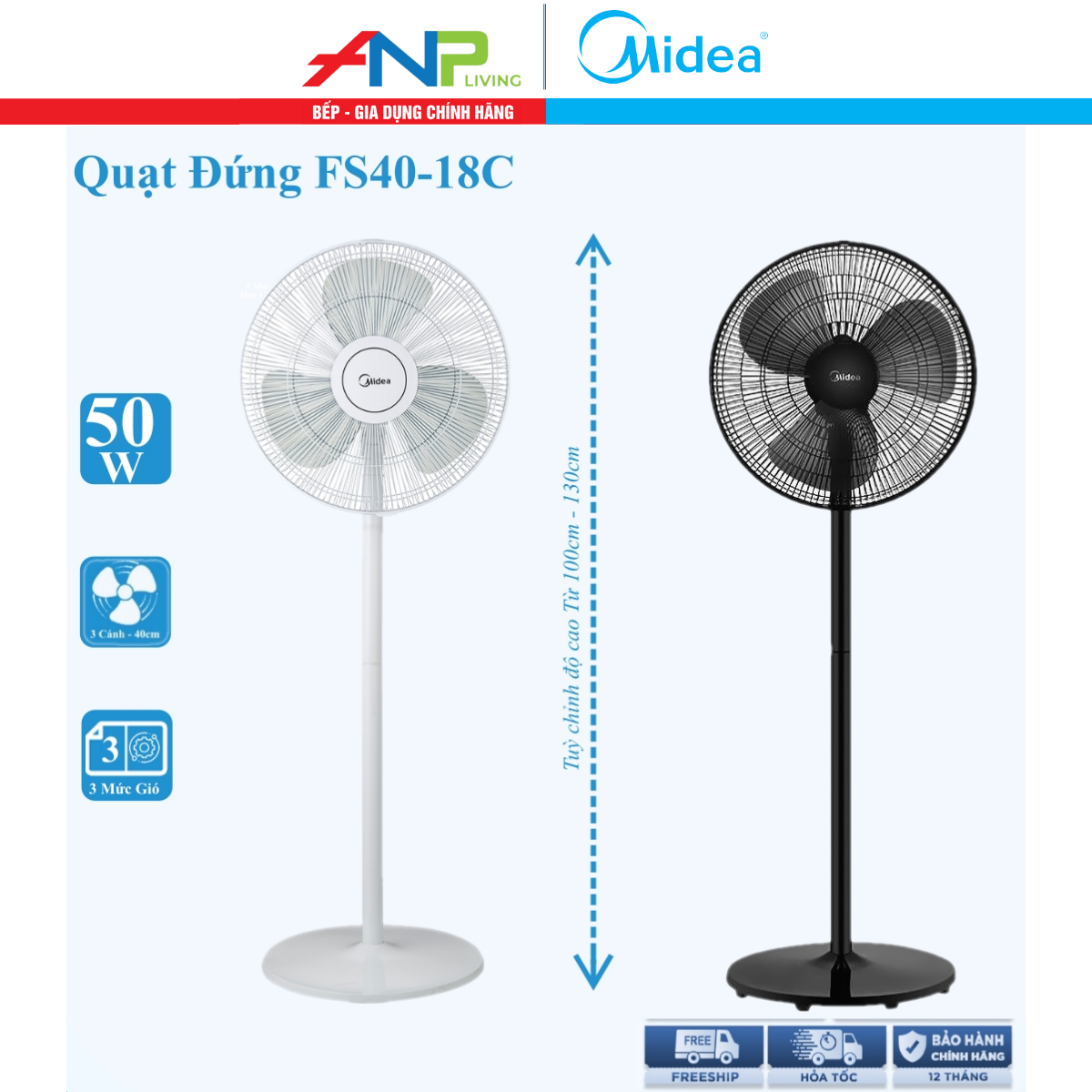 Quạt Đứng, Quạt Cây 3 Cánh Midea FS40-18C (Quạt Điện Hàng Chính Hãng, Công Suất 50W, Chỉnh Gió 3 Tốc Độ)