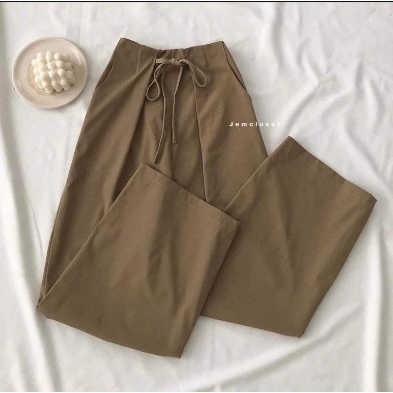 Quần ống rộng suông, Quần culottes nữ lưng cao thắt dây nơ lưng chun chất kaki thô