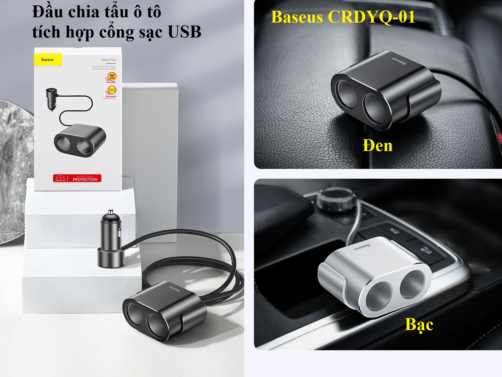 Củ chia tẩu tô 2 cổng sạc USB Baseus CRDYQ-01 - Hàng chính hãng