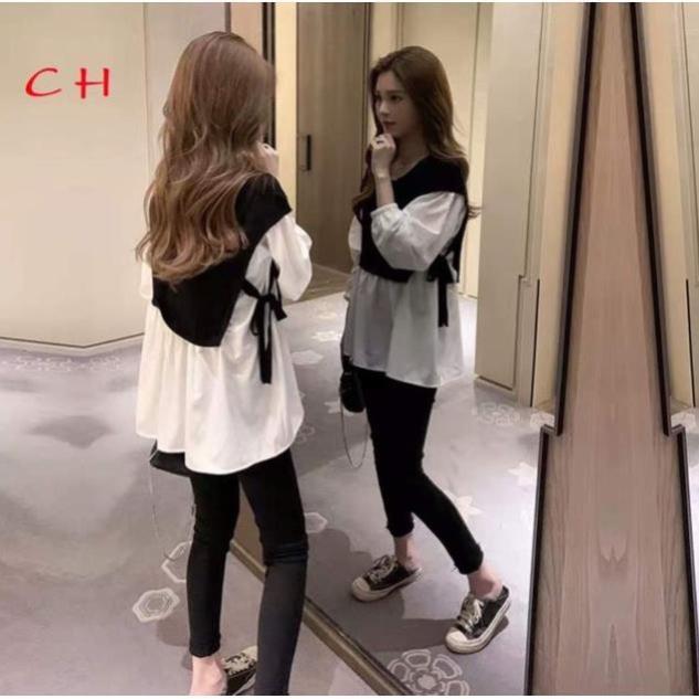 Áo phối vạt sơ mi nơ eo, áo phối vạt nơ eo ND11