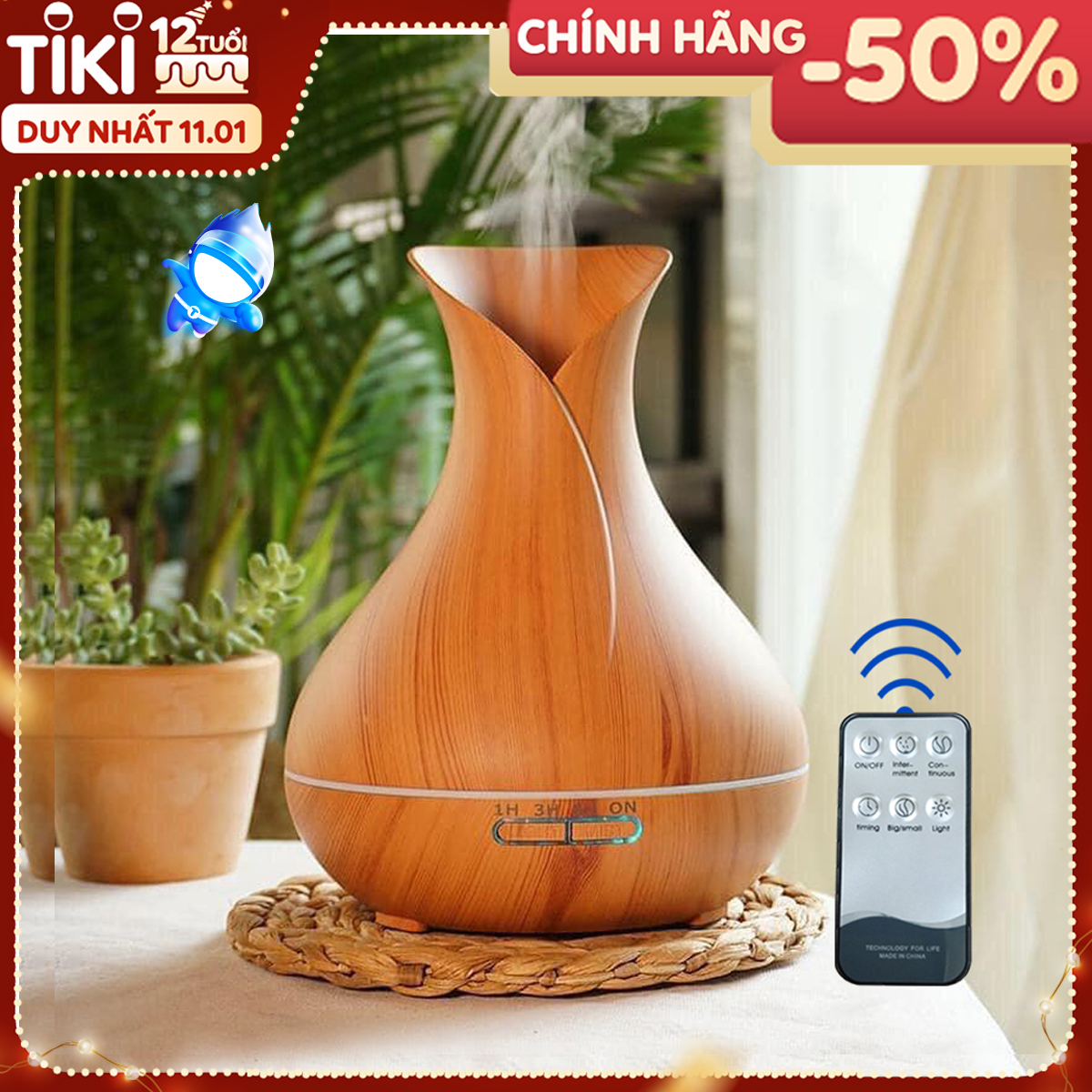 Máy Xông Tinh Dầu Vân Gỗ 550ML Chuyên Dụng Cho Phòng Lớn Có Remote Điều Khiển Từ Xa Kèm Đèn LED Thay Đổi Màu Cực Đẹp