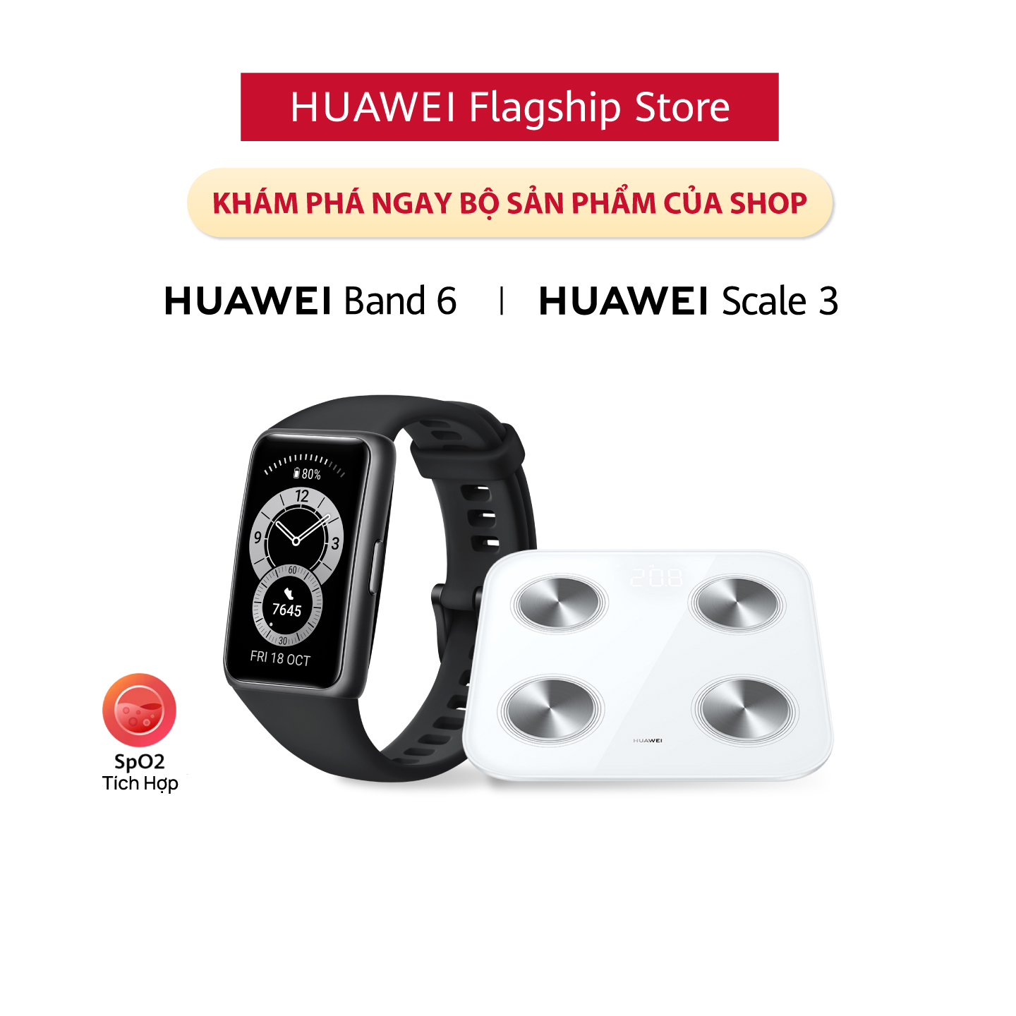 Bộ Sản Phẩm Huawei (Vòng Đeo Tay Thông Minh HUAWEI Band 6 + Cân Điện Tử HUAWEI Scale 3) | Hàng Chính Hãng