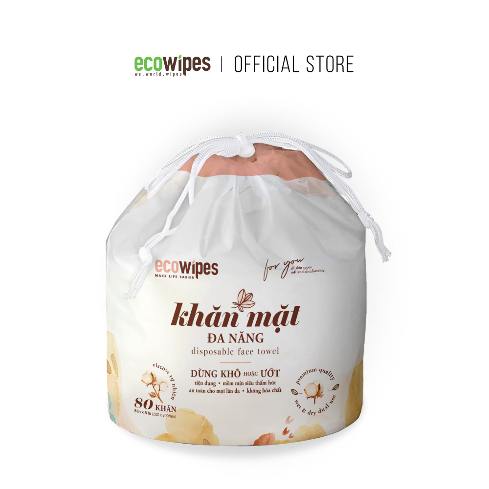 Khăn mặt khô đa năng Ecowipes cuộn 80 tờ size khăn 20x20cm dùng 1 lần lau khô lau ướt giấy lau mặt dùng một lần