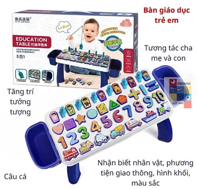 Bàn học chữ số thông minh 5 trong1 có câu cá nam châm 40 chi tiết: câu cá và ghép số, nhân vật, phương tiện giao thông, hình khối học đếm - HENRYSA