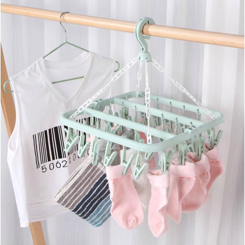 Móc Nhựa Treo Quần Áo 32 Kẹp , Móc Chùm Vuông 32 Cái Gấp Gọn Tiện Lợi