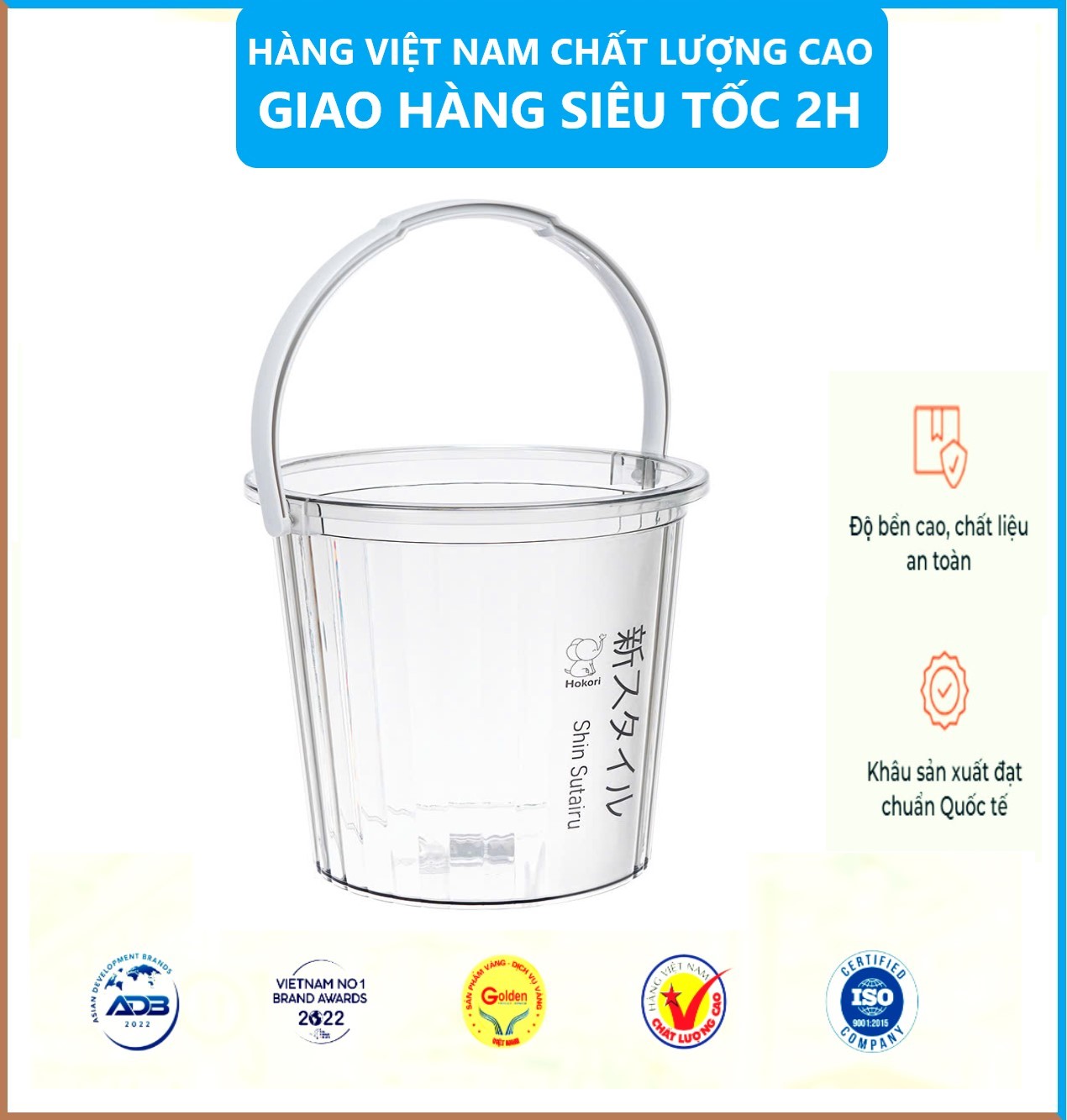 Xô trong 10L Hokori 5228, Xô đựng nước trong suốt, Xô đựng đá có quai xách trong suốt dày dặn Việt Nhật - Hàng Việt Nam