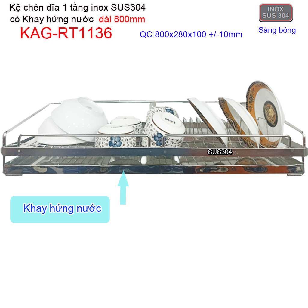 Kệ đựng chén bát dài 80cm inox 304, kệ úp chén dĩa 1 tầng có khay hứng nước inox KAG-RT1136