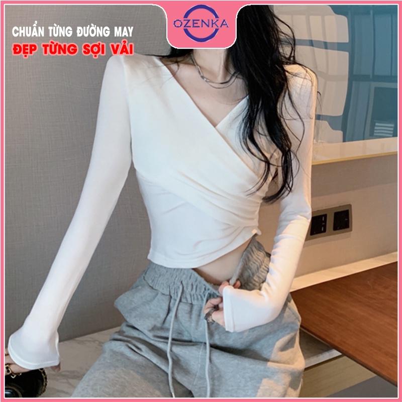 Áo croptop cổ v tay dài ôm nữ OZENKA crt thun gân thời trang đẹp 100% cotton đen trắng free size dưới 50kg