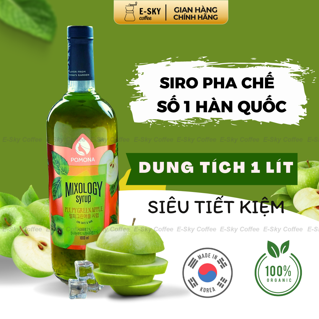 Siro Táo Xanh Pomons Pulpy Green Apple Syrup Nguyên Liệu Pha Chế Hàn Quốc Chai Thủy Tinh 1 lít