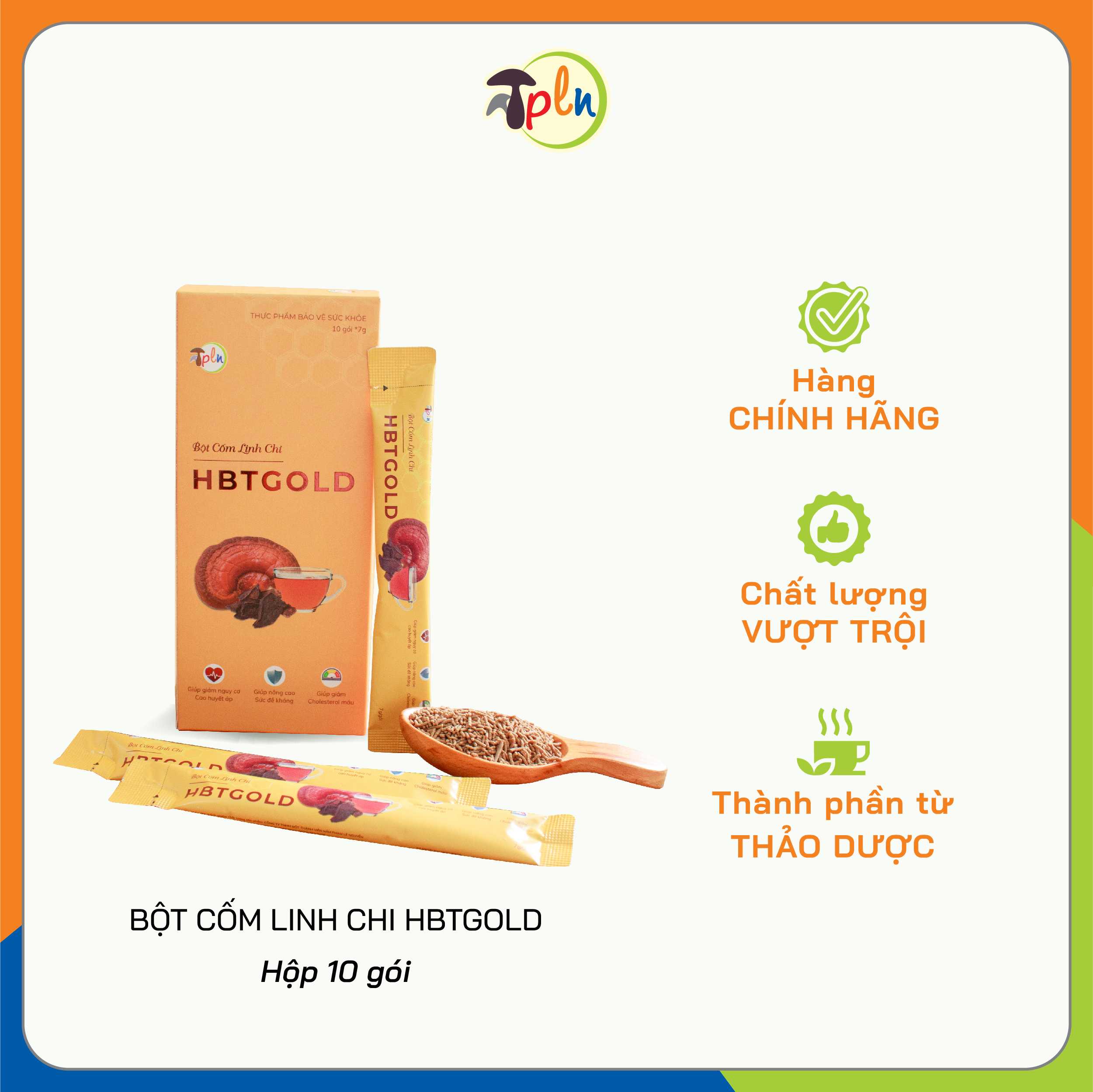 Bột cốm linh chi HBTGOLD - Hộp 10 gói - Hỗ trợ giảm Cholesterol, Hỗ trợ giảm huyết áp, Giúp ngủ ngon giấc