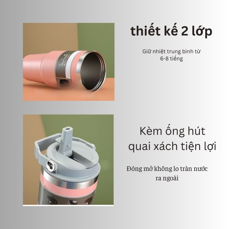 Ly Giữ Nhiệt Cốc Giữ Nhiệt Kèm Ống Hút 900ml Nắp Dạng Xoay, Bình Nước Giữ Nhiệt 900ml Bằng Thép Không Gỉ Thiết Kế Nhỏ Gọn Kèm Ống Hút Tiện Dụng Có Quai Xách Mang Theo Du Lịch, Ly Giữ Nhiệt Cao Cấp Có Ống Hút Vỏ Chống Xước- Giao màu ngẫu nhiên