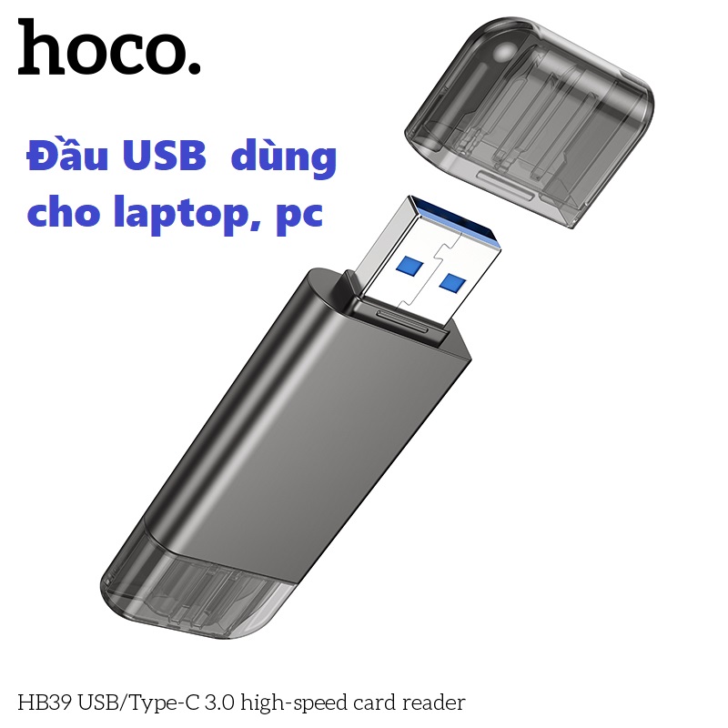 Đầu đọc thẻ nhớ đa năng chuẩn 3.0 hai đầu kết nối Usb và type C cho điện thoại laptop hoco HB39 _  hàng chính hãng