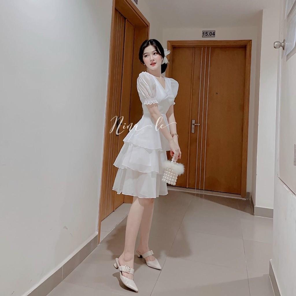 VÁY TRẮNG TẦNG CỔ TIM TAY PHỒNG - GD158