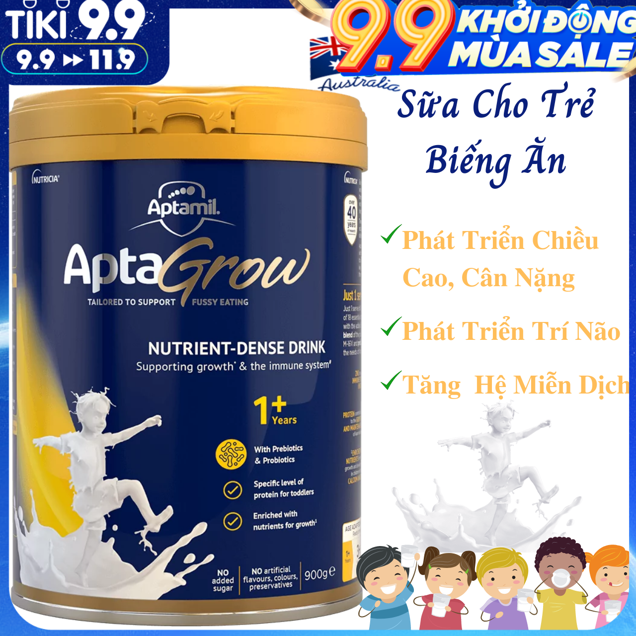 Sữa Cho Trẻ Biếng Ăn Aptamil AptaGrow 1+ NK Úc Giàu Chất Dinh Dưỡng, Vitamin Và Khoáng Chất Giúp Bé Phát Triển Chiều Cao, Cân Nặng, Trí Não, Tăng Chức Năng Hệ Thống Miễn Dịch – Lon 900g