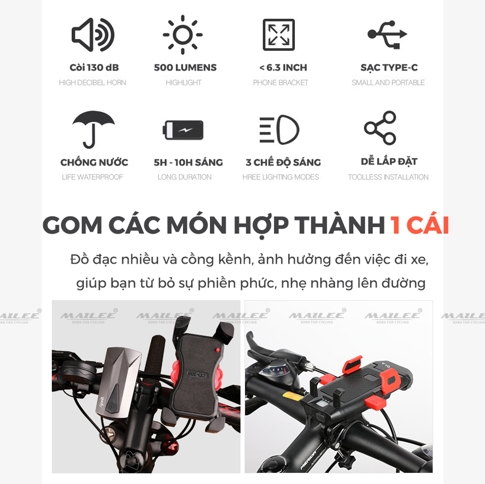 Đèn Còi Xe Đạp Giá Đỡ Điện Thoại 4 in 1 YQ-320 3000 mAh có dây điều khiển riêng còi và đèn, sạc TYPE-C độ sáng 500 lumens thời gian sáng 5-10h, phù hợp màn hình dưới 6.3 inch - Mai Lee