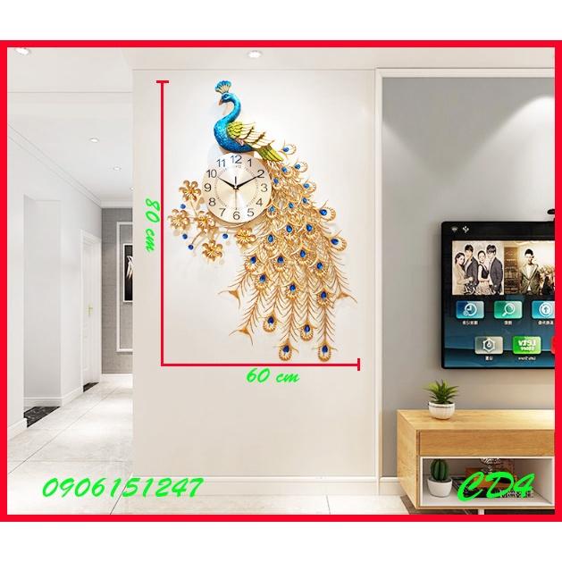 Đồng hồ treo tường trang trí decor chim công CD4 Khổng Tước vàng kích thước 80 x 60 cm