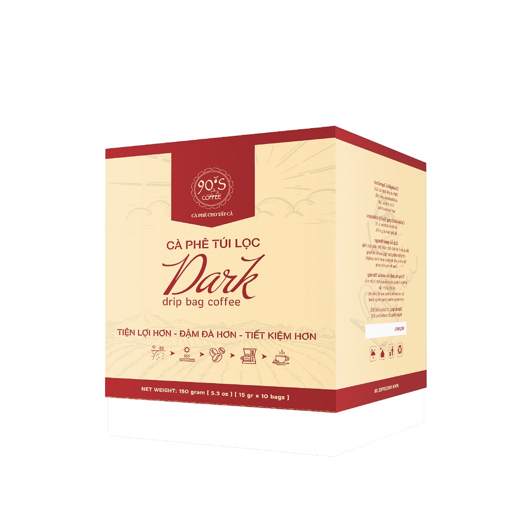 Cà Phê DARK - 90S Coffee | Hộp 10 Gói x 15g Cà Phê Phin Giấy Rang Xay Nguyên Chất Thượng Hạng