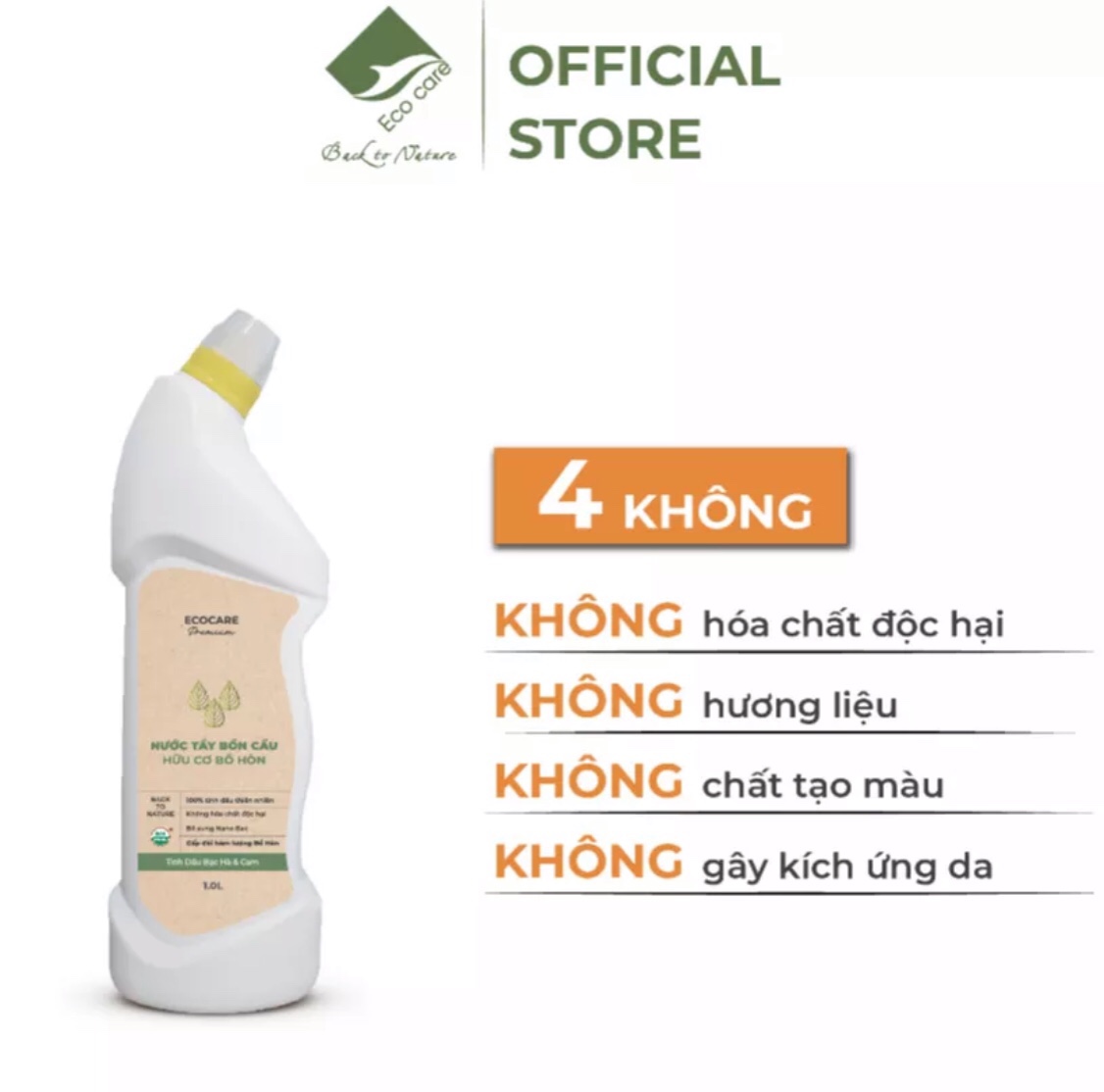 Nước tẩy rửa bồn cầu cao cấp Ecocare tinh dầu Bạc Hà & Cam 1L - Tẩy sạch vết ố vàng, diệt vi khuẩn, khử mùi