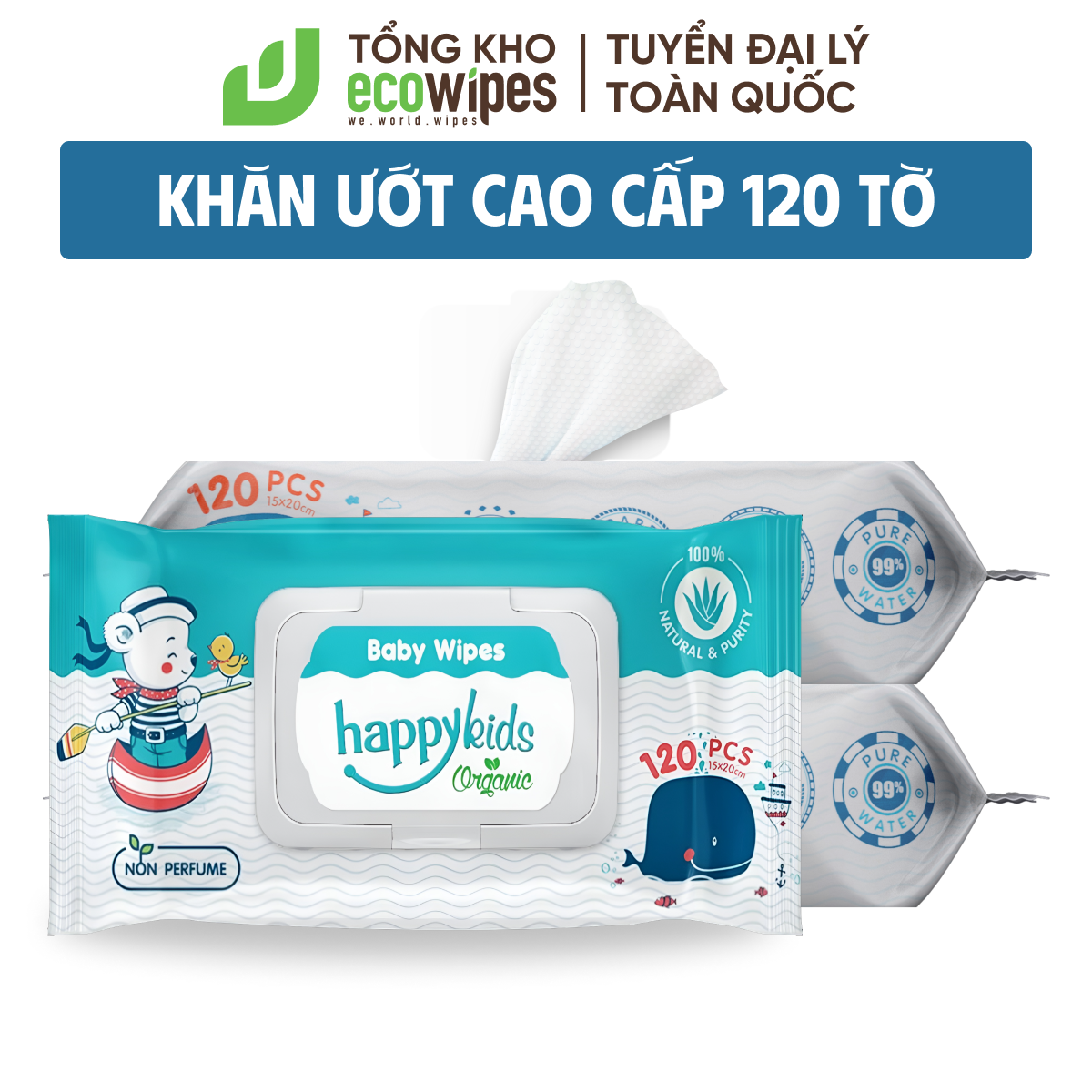 Thùng 10 gói khăn ướt trẻ em Happy Kids gói 120 tờ không mùi siêu tiết kiệm cho bé