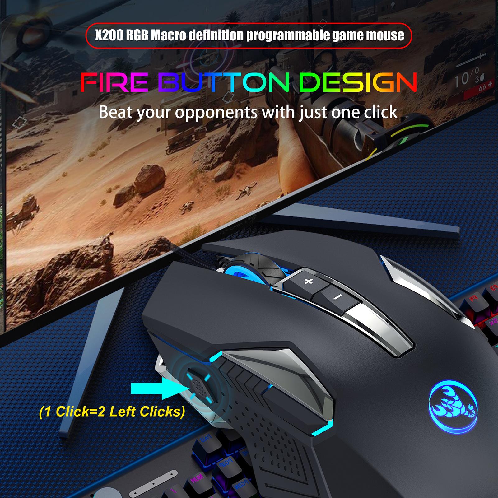 HXSJ X200 8 Keys Wired Gaming Mouse Macro Programming Mouse with 4-gear Adjustable DPI Colorful Lighting Effects