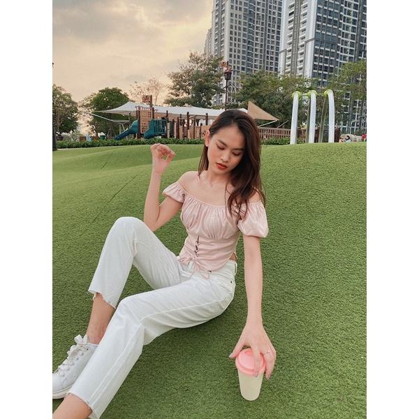 Quần jean baggy nữ trắng chỉ nổi cotton co dãn 4 chiều