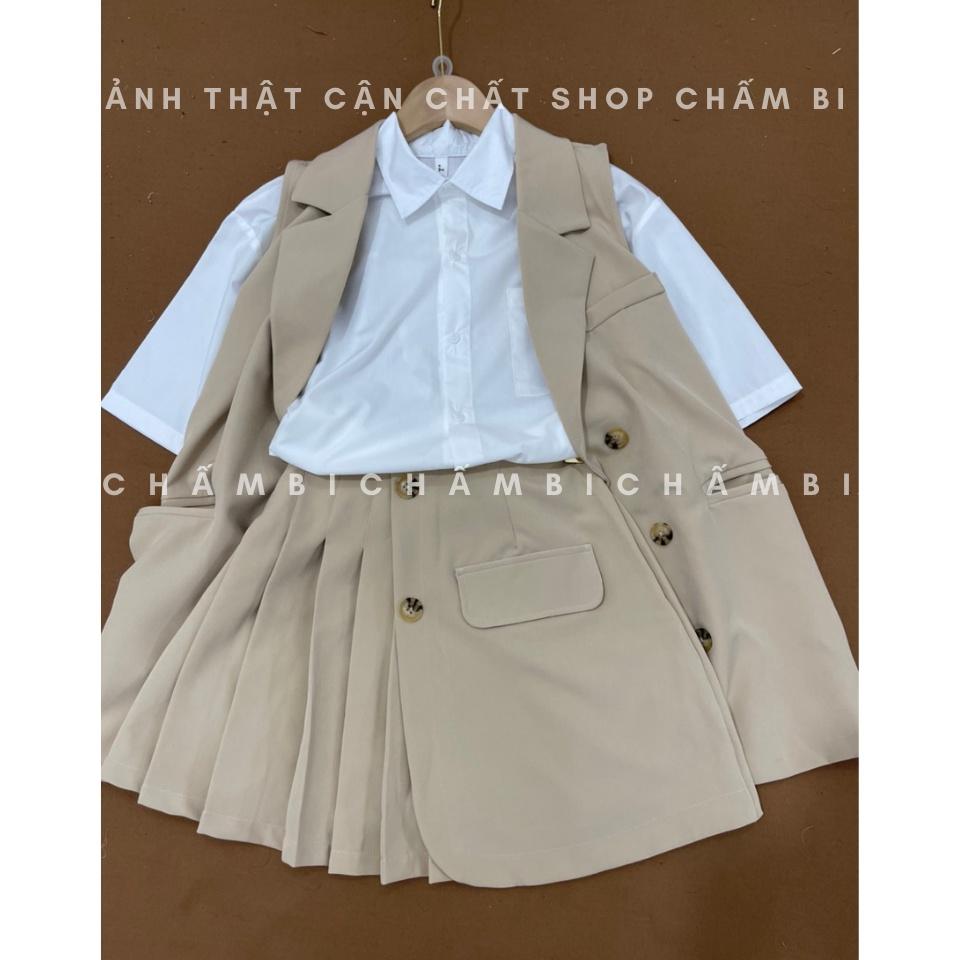 Set bộ đi chơi S.064, Set áo gile cổ vest form rộng cùng chân váy xếp ly cách điệu phong cách Hàn Quốc