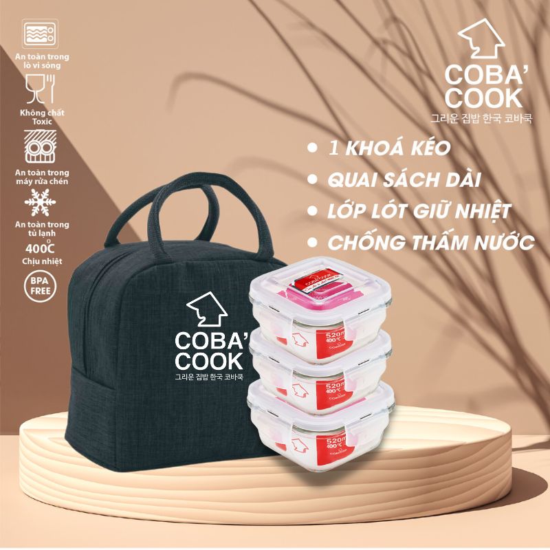 Bộ 3 Hộp Thủy Tinh Hình Vuông COBACOOK Chịu Nhiệt 530ml Và Túi Giữ Nhiệt- CCS53BB