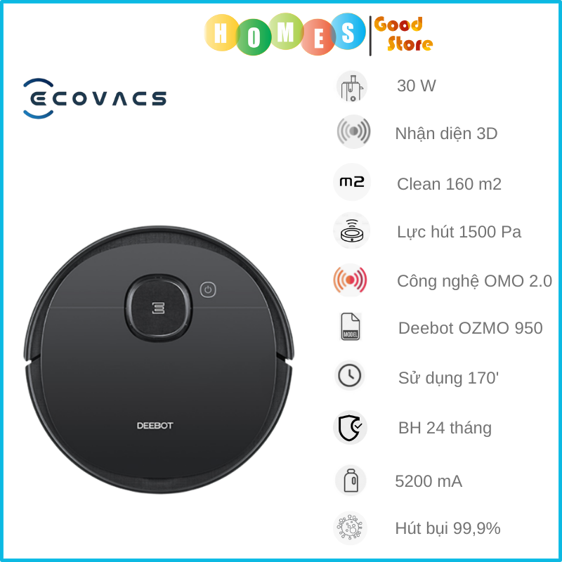 Robot Hút Bụi Lau Nhà Ecovacs N8 Pro Plus Kết Nối App Công nghệ OZMO 2.0 Lực Hút 2600 Pa Phù Hợp Diện Tích 200m2 Với Công Suất 40W - Hàng Chính Hãng