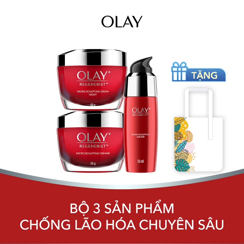 Bộ 3 Sản Phẩm Chống Lão Hóa Chuyên Sâu: Combo Kem Dưỡng Da Ban Đêm và Ban Ngày Olay Regenerist Tái Tạo và Phục Hồi Da Lão Hóa + Tinh Chất Vi Dưỡng Olay Regenerist 50ml [Tặng Túi Tote Thiết Kế Mới]