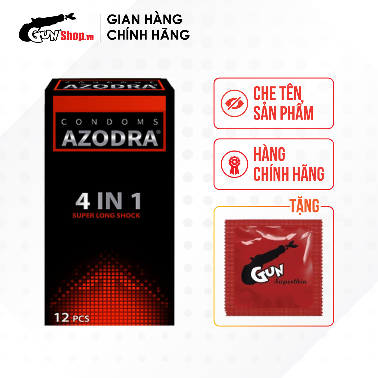 [Hộp 12 cái] Bao cao su Azodra 4 in 1 - Kéo dài thời gian kèm 1 chiếc BCS Gun Super Thin