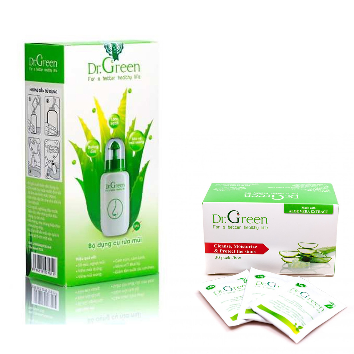 Combo Bình rửa mũi Dr.green + 40 gói muối nha đam