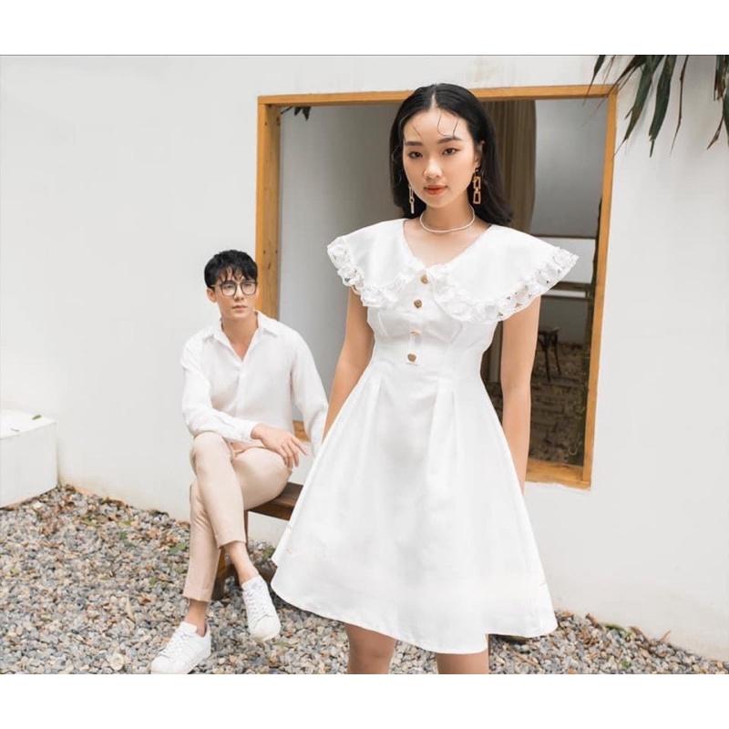 Set áo đầm đôi Hàn Quốc áo cặp tình nhân màu trắng tinh khôi đầm xòe đi biển đi chơi chụp hình cưới - Smice House