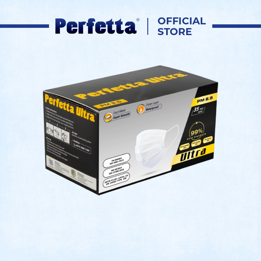 [1 HỘP - PERFETTA ULTRA] - Khẩu Trang Y Tế Chất Lượng Cao, Kháng Khuẩn, Chống Bụi Mịn PM 2.5, Màu Trắng, 4 Lớp, Bảo Vệ Tối Ưu, Đóng Gói Từng Cái - (35 cái/hộp)