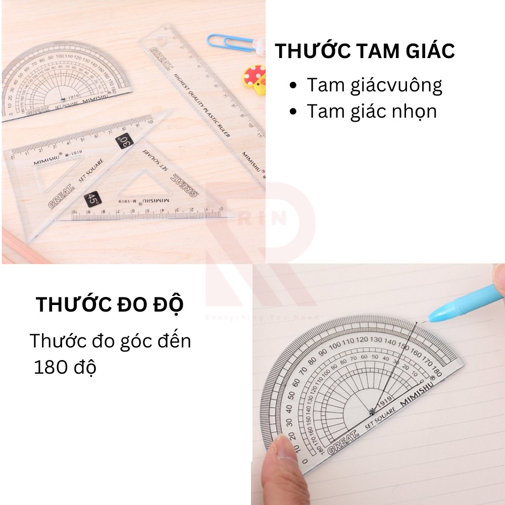 Bộ 4 thước hình học / bộ thước toán học nhựa cho học sinh- sinh viên  