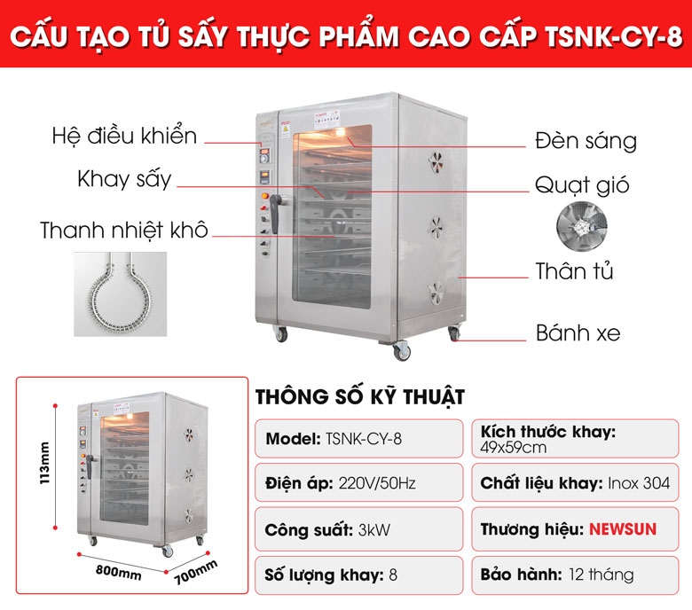 Tủ sấy thực phẩm cao cấp CY-8 NEWSUN - Công nghệ sấy đối lưu - Hàng chính hãng