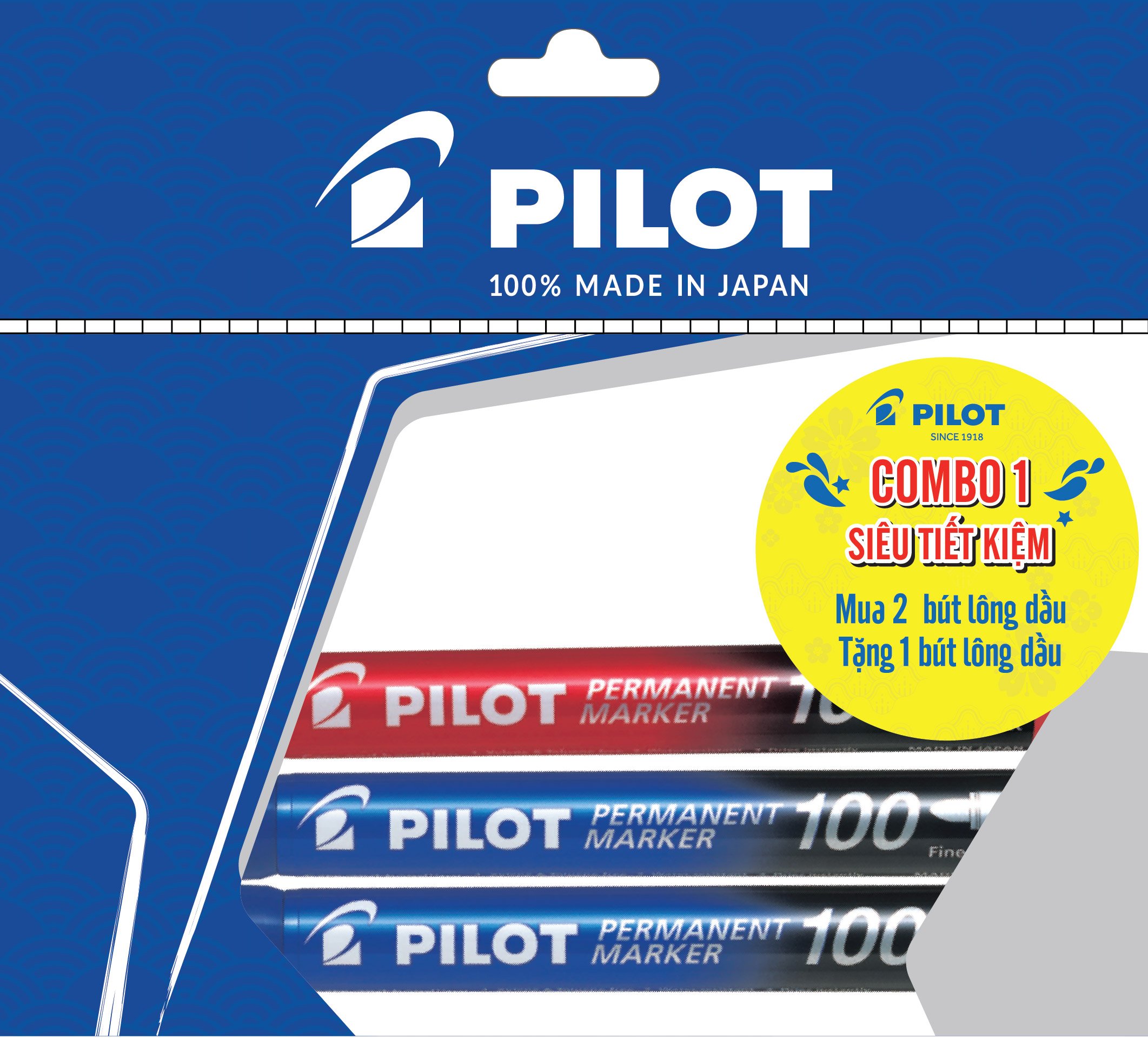 Combo Pilot 01 : 2 Bút Lông Dầu Permanent 100 Mực Xanh + 1 Bút Lông Dầu Permanent 100 Mực Đỏ